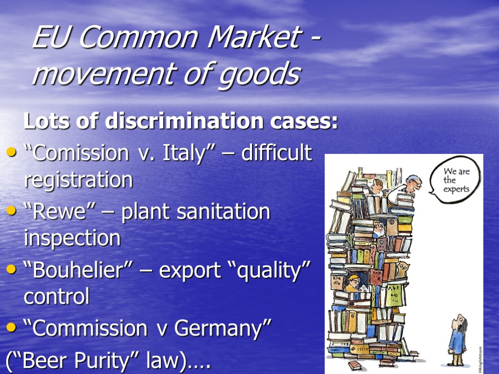 EU Common Market - movement of goods Lots of discrimination cases: “Comission v. Italy”